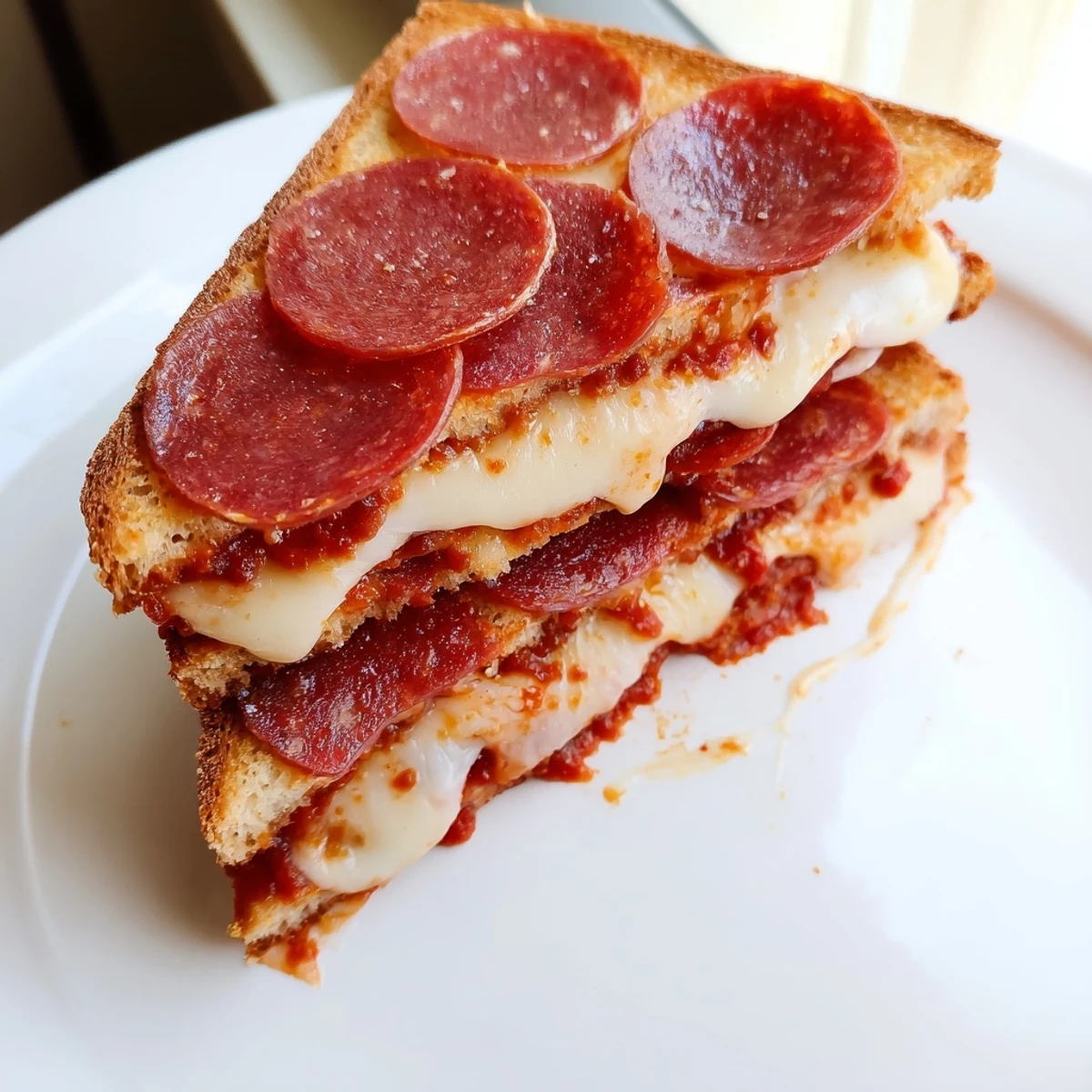 Golden-brown Pizza Grilled Cheese sandwich, oozing melted mozzarella and pepperoni slices, served hot.