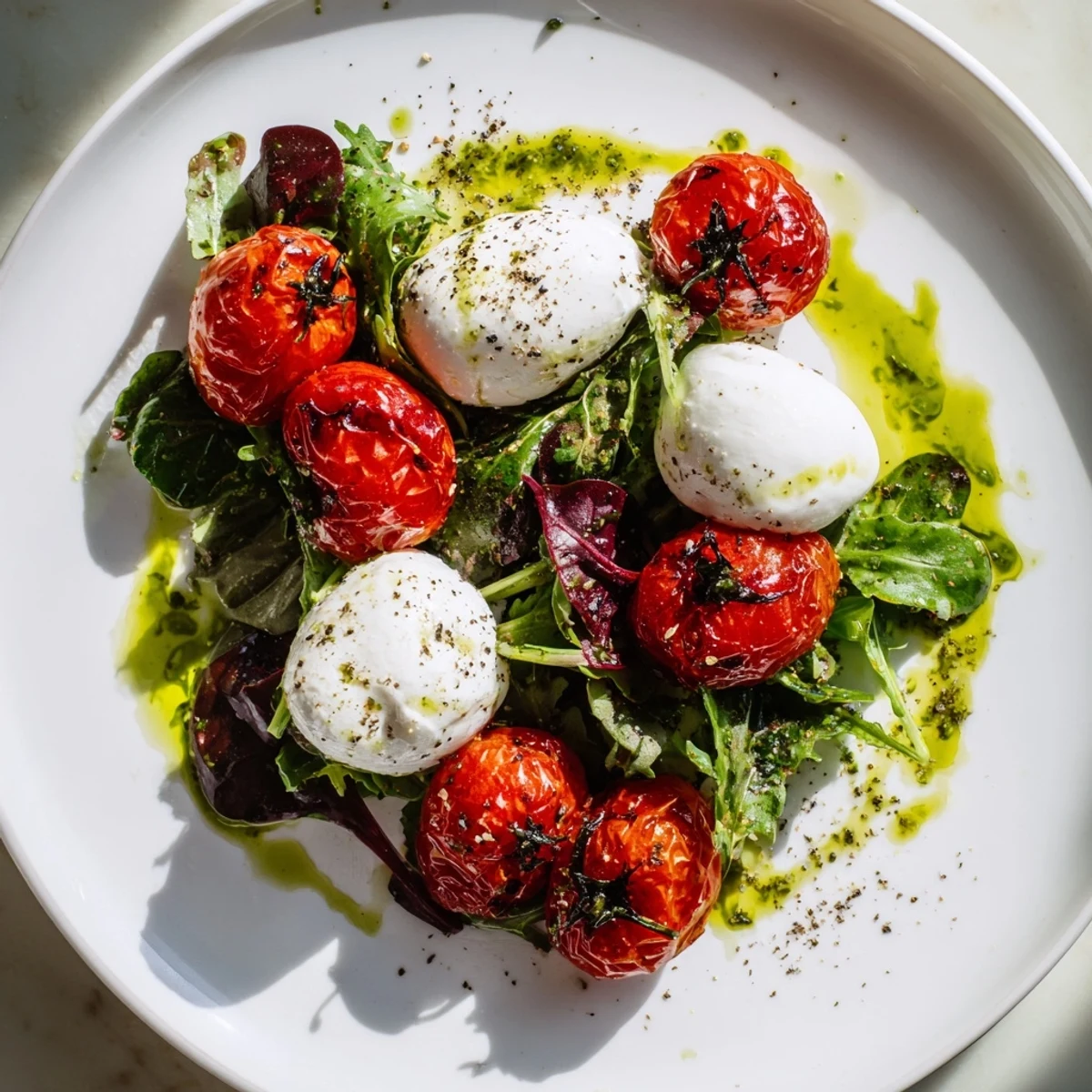 Charred Tomato Salad with Burrata: a simple salad with blistered tomatoes atop creamy burrata.