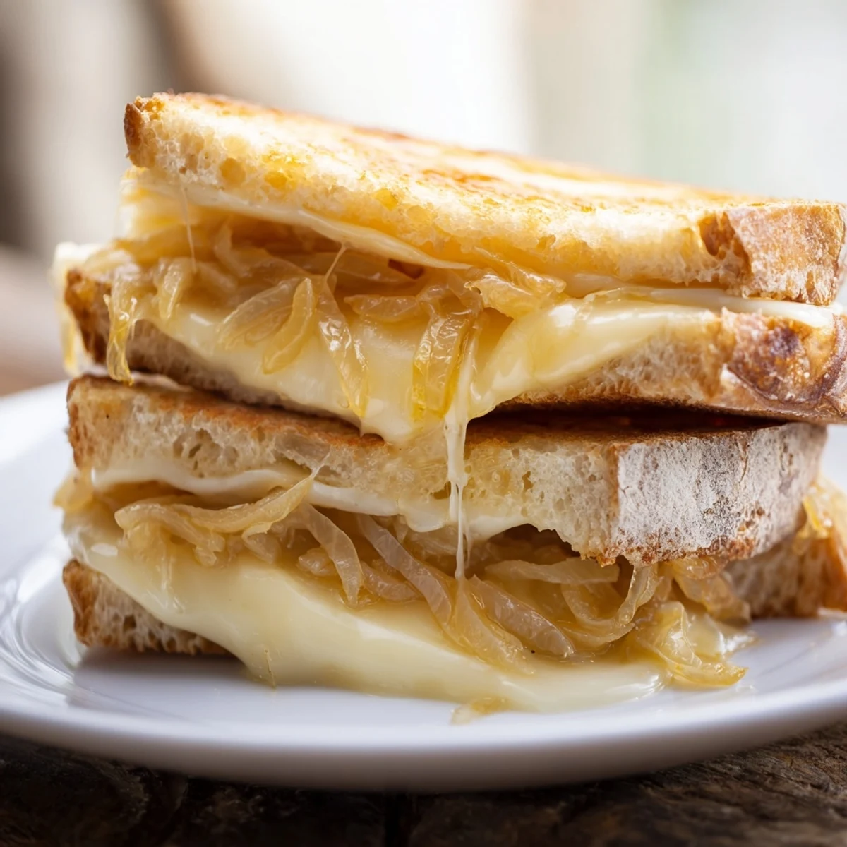 Close-up of a bubbling, cheesy Caramelized Onion and Gruyère Grilled Cheese sandwich, sliced in half.