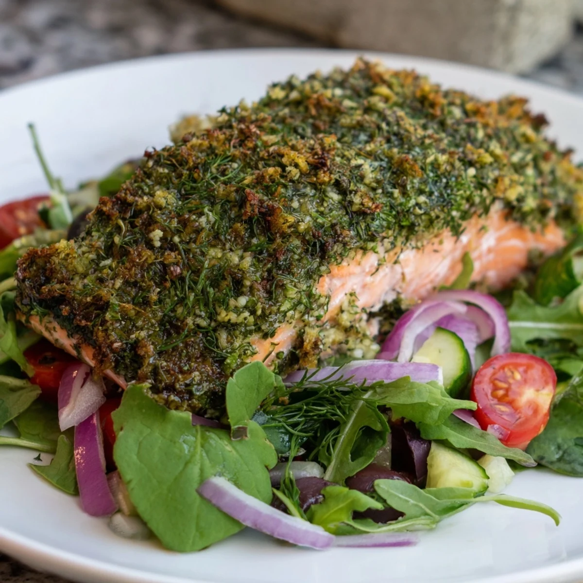 Tender, flaky herb-crusted salmon salad with bright cherry tomatoes and a tangy dressing.