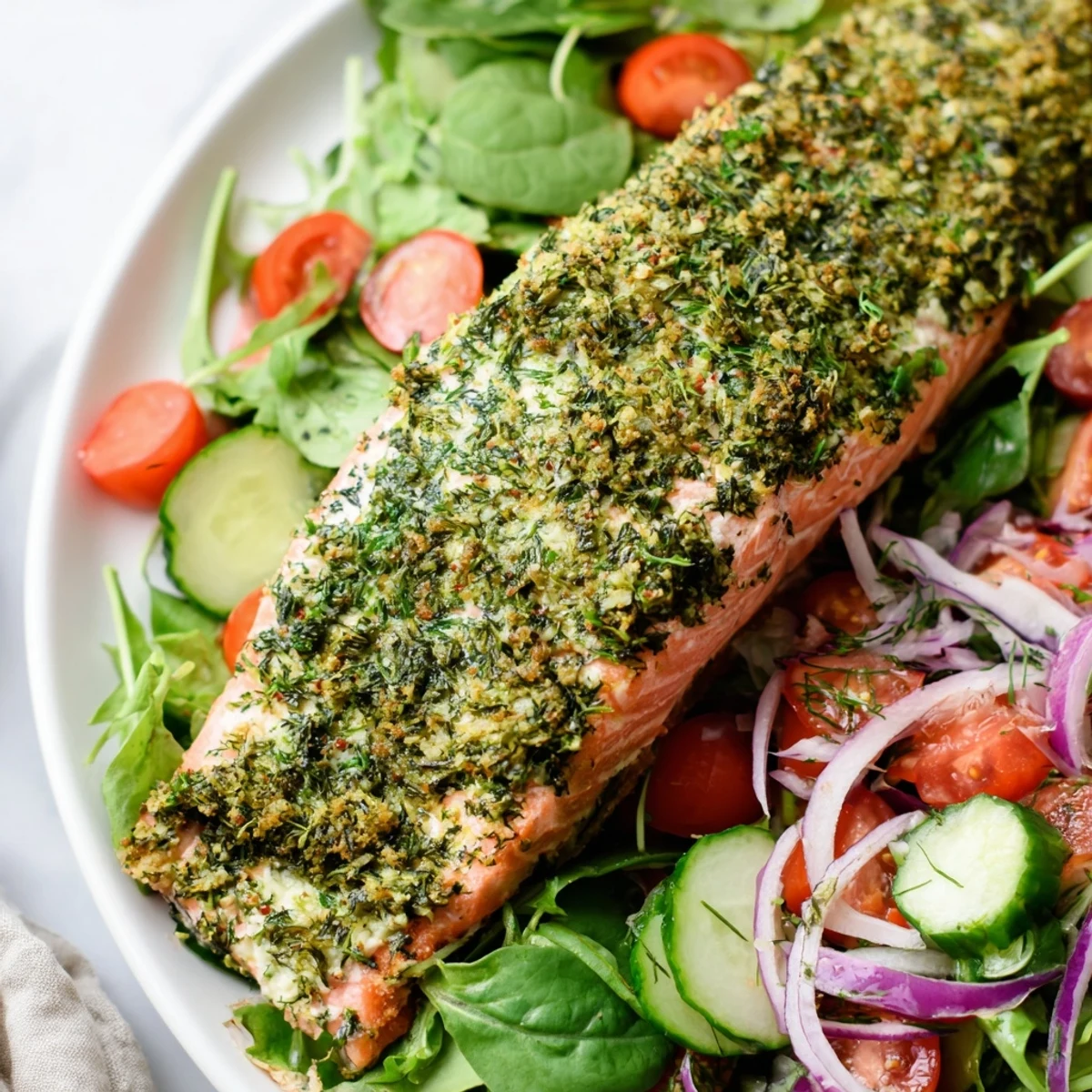 Enjoy this vibrant herb-crusted salmon salad, showcasing baked salmon and a fantastic vinaigrette.