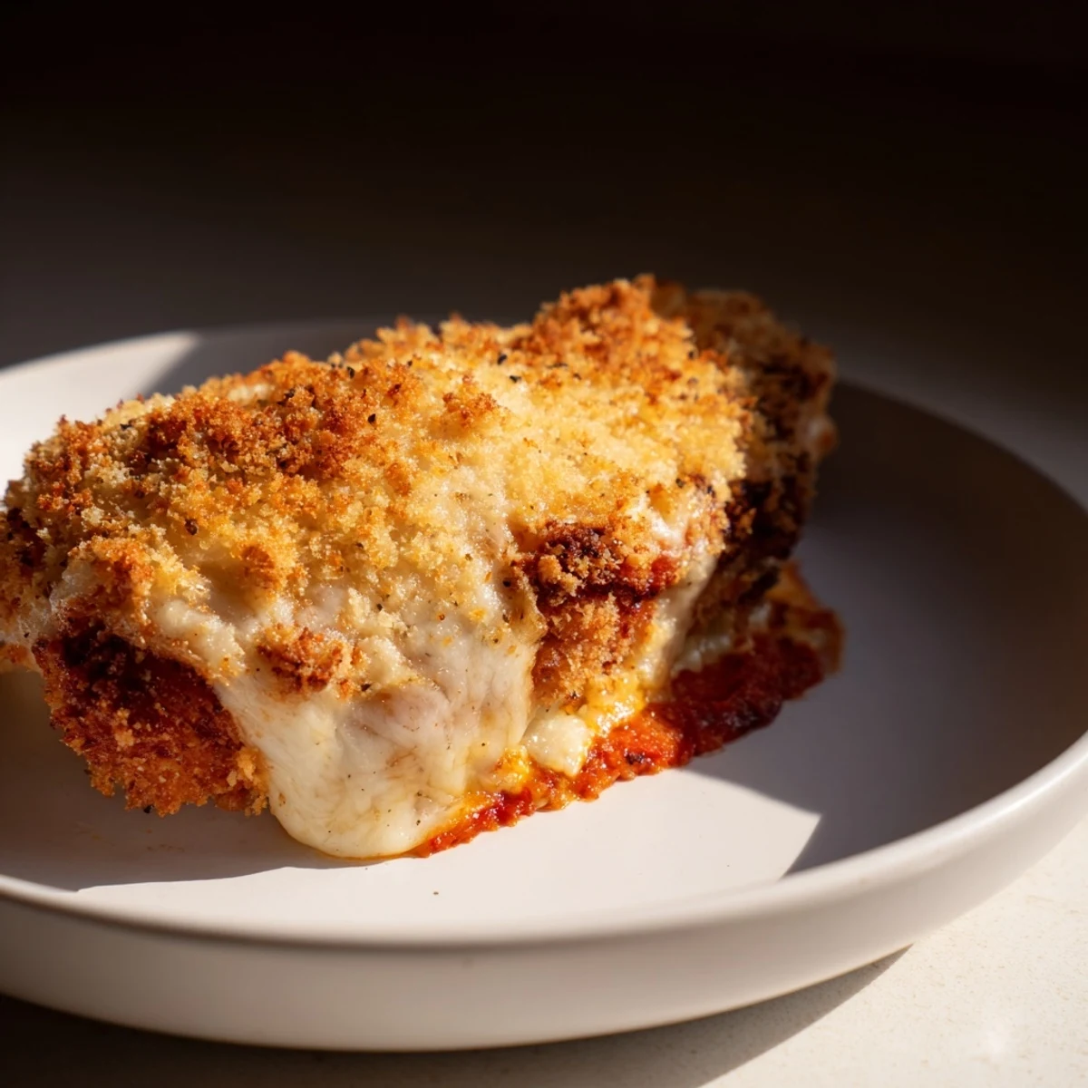 Golden, bubbly Cheesy Baked Chicken Breast, a simple recipe showing tender, juicy chicken with melted cheese.