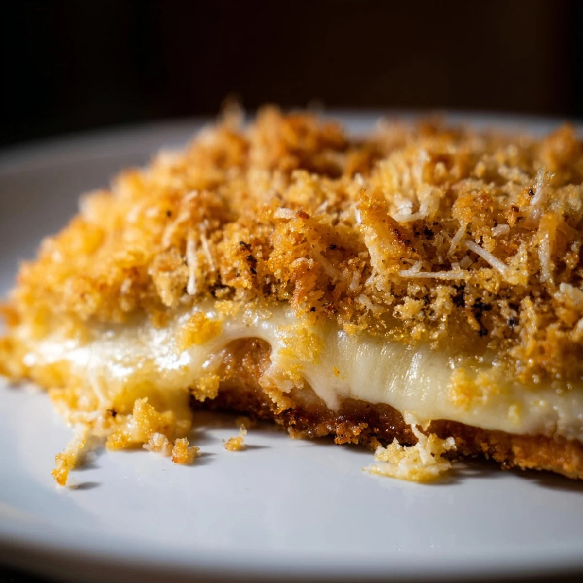 This photo shows a close-up of beautifully baked Cheesy Baked Chicken Breast, ready to devour, topped with crispy breadcrumbs.