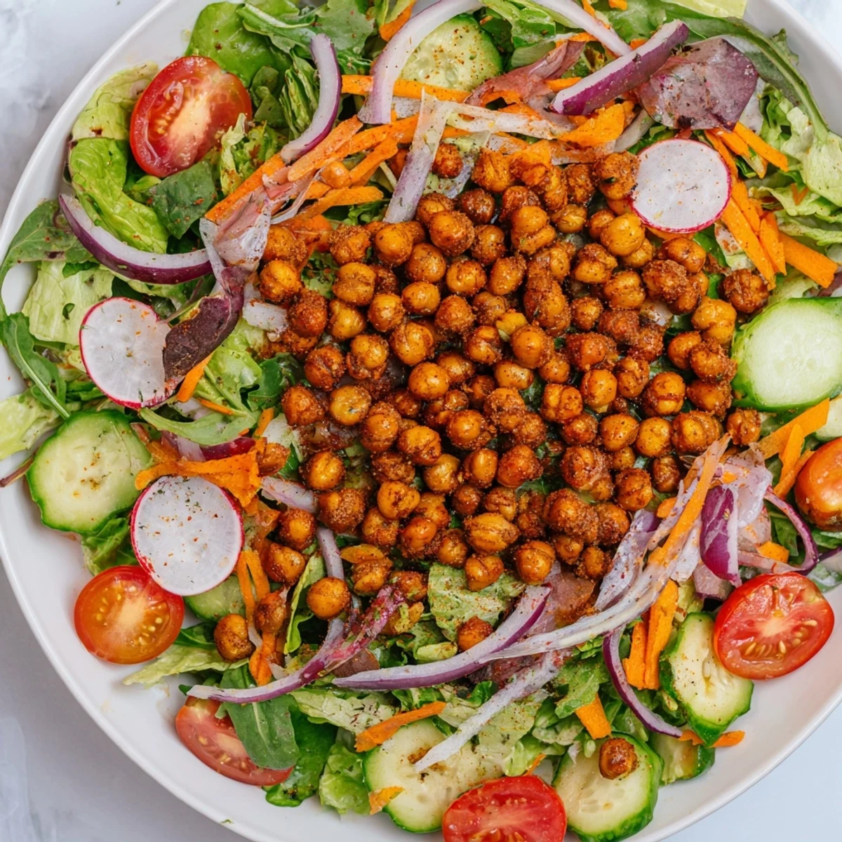 A refreshing Mixed Greens Salad with crispy chickpea croutons, ready to eat in a big bowl.