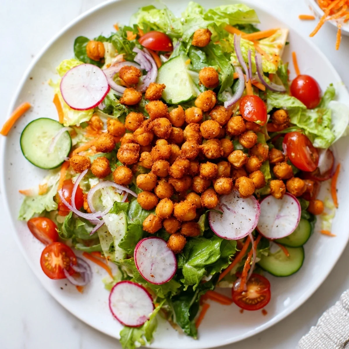 Bright, colorful Mixed Greens Salad with crispy chickpea croutons drizzled with a light vinaigrette for serving.