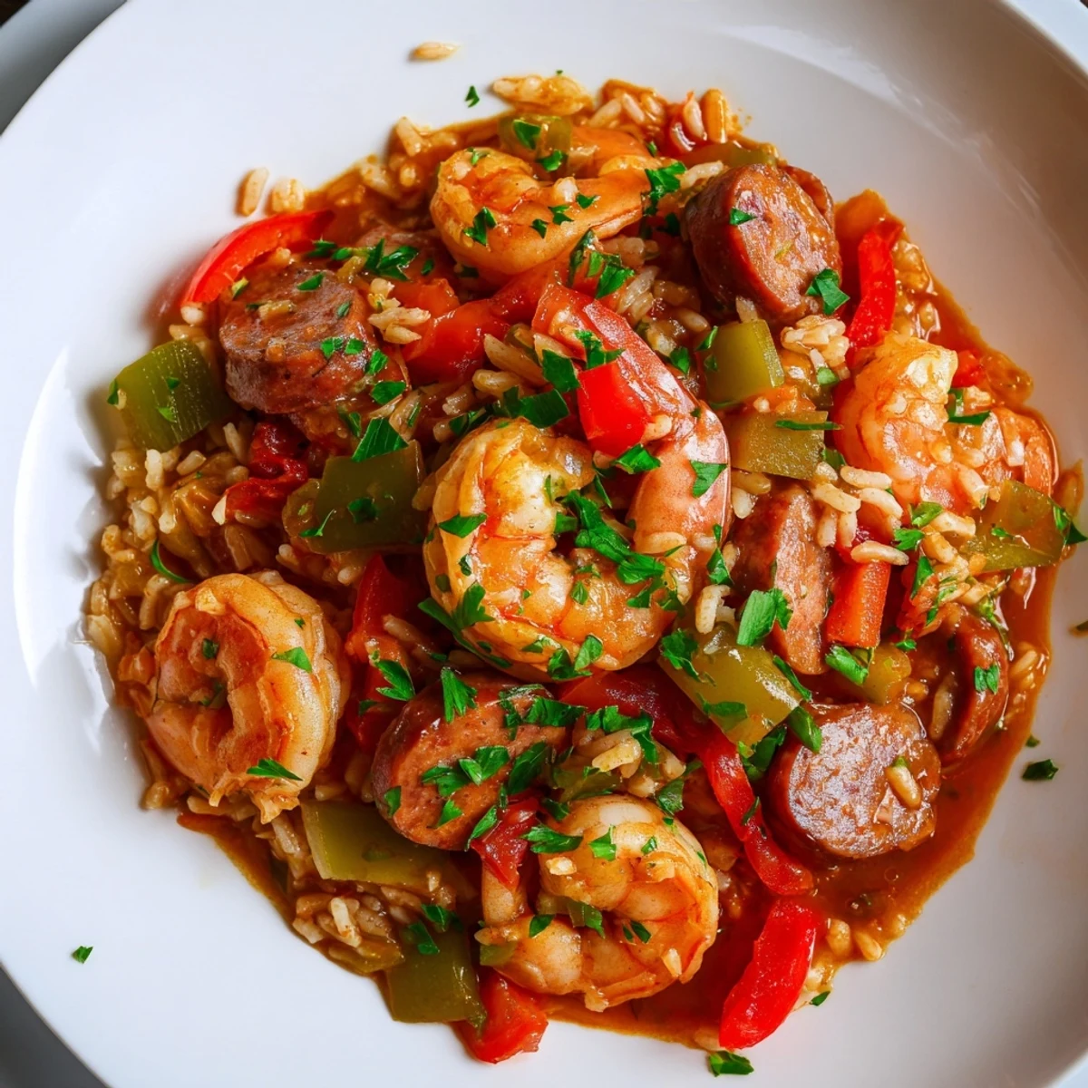 Jambalaya Skillet: a flavorful Creole dish with shrimp, sausage, rice, and colorful bell peppers.