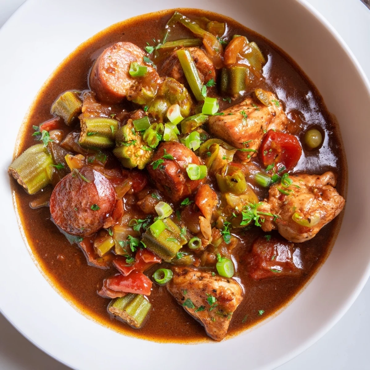Steaming bowl of Gumbo Okra Soup, packed with tender chicken, sausage, and vegetables, ready to serve.