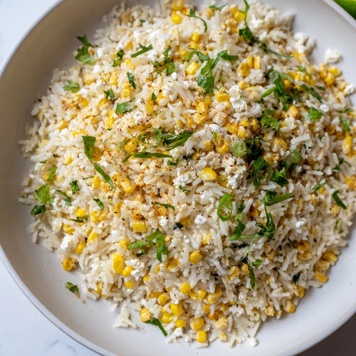 A bowl of flavorful Mexican Street Corn Rice, ready to serve alongside tacos or grilled dishes.