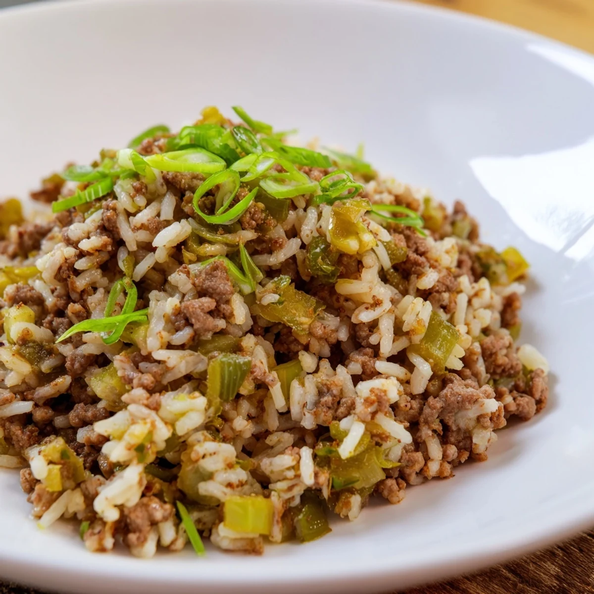 Steaming Cajun Dirty Rice, a flavorful Southern dish with savory ground meats and aromatic vegetables.
