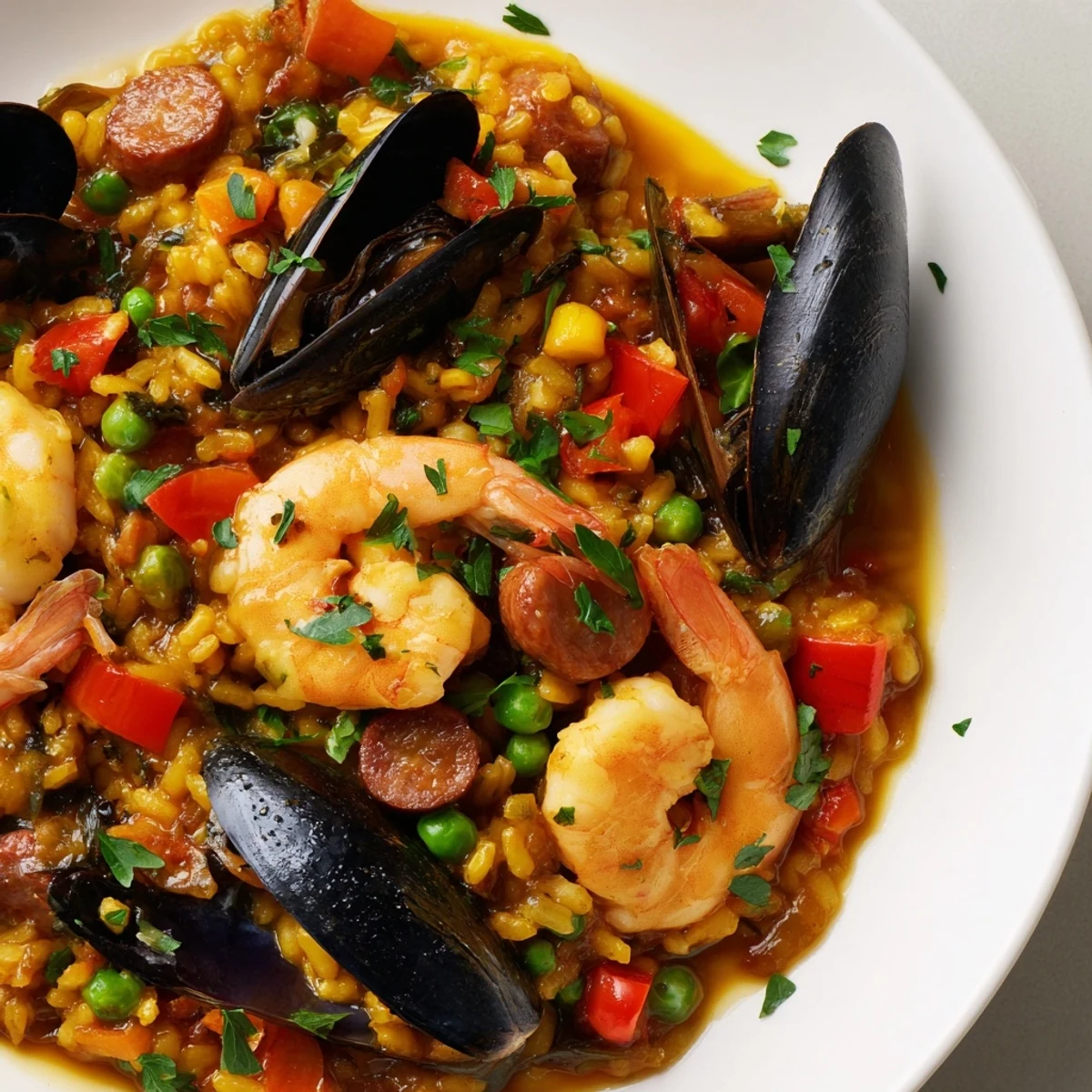 A steaming pan of Paella Spanish Rice: the aromatic seafood and savory sausage ready to enjoy.