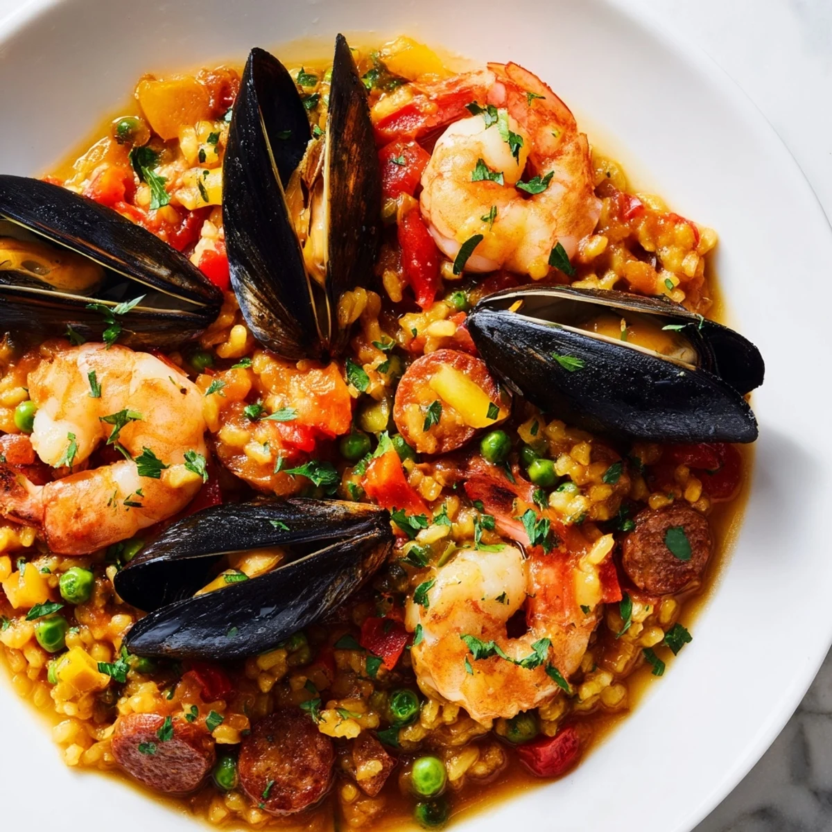 Golden saffron-infused Paella Spanish Rice, studded with seafood, ready to be served with lemon wedges.