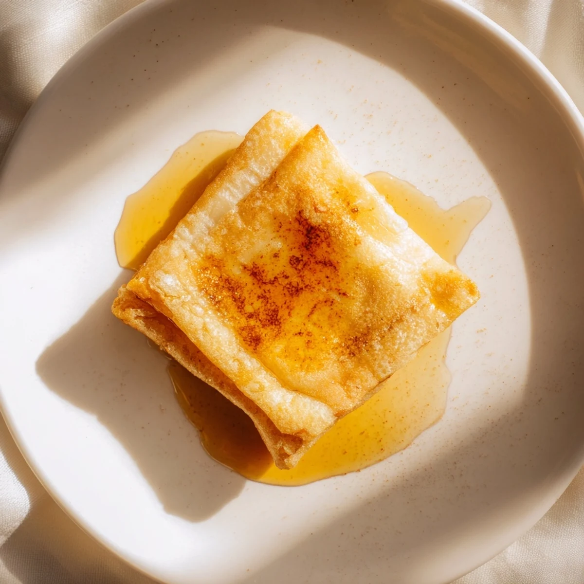 Golden, flaky Moroccan Msemen pastry squares, fried to perfection, served warm with a drizzle of honey.