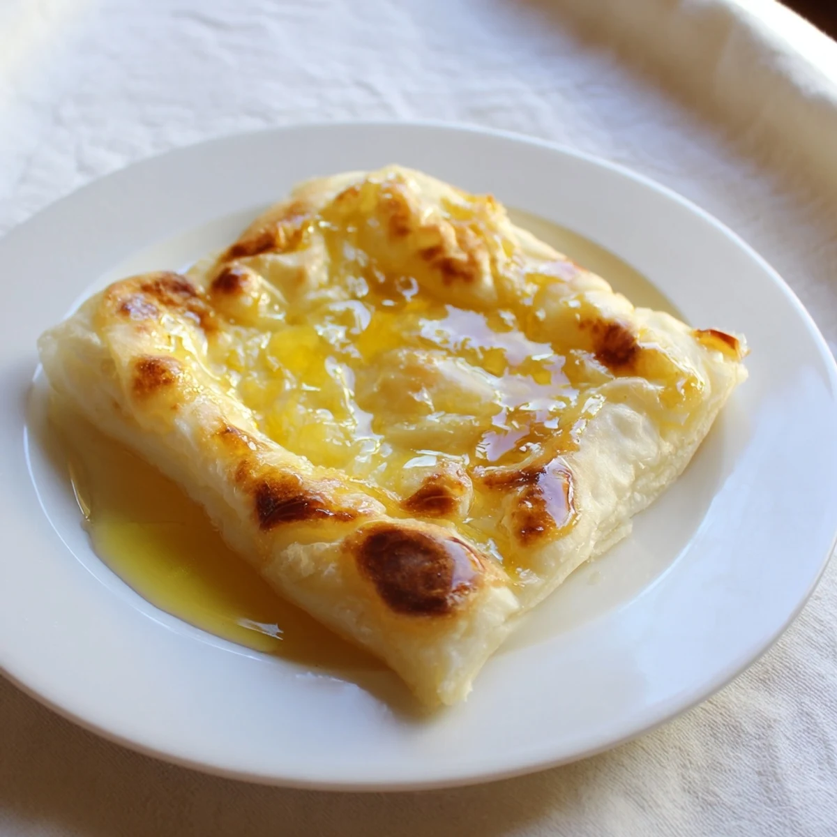 Crispy, layered Moroccan Msemen, a North African breakfast treat, presented with warm honey for dipping pleasure.
