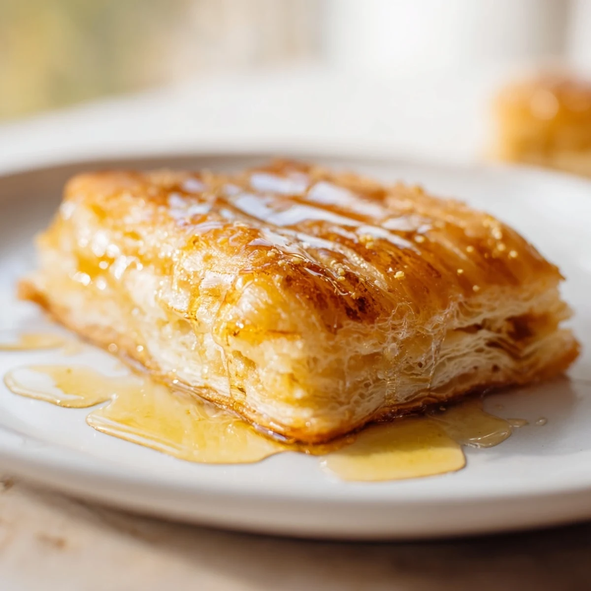 Freshly made Moroccan Msemen, showing off its buttery, flaky layers, ready to be enjoyed with sweet honey.