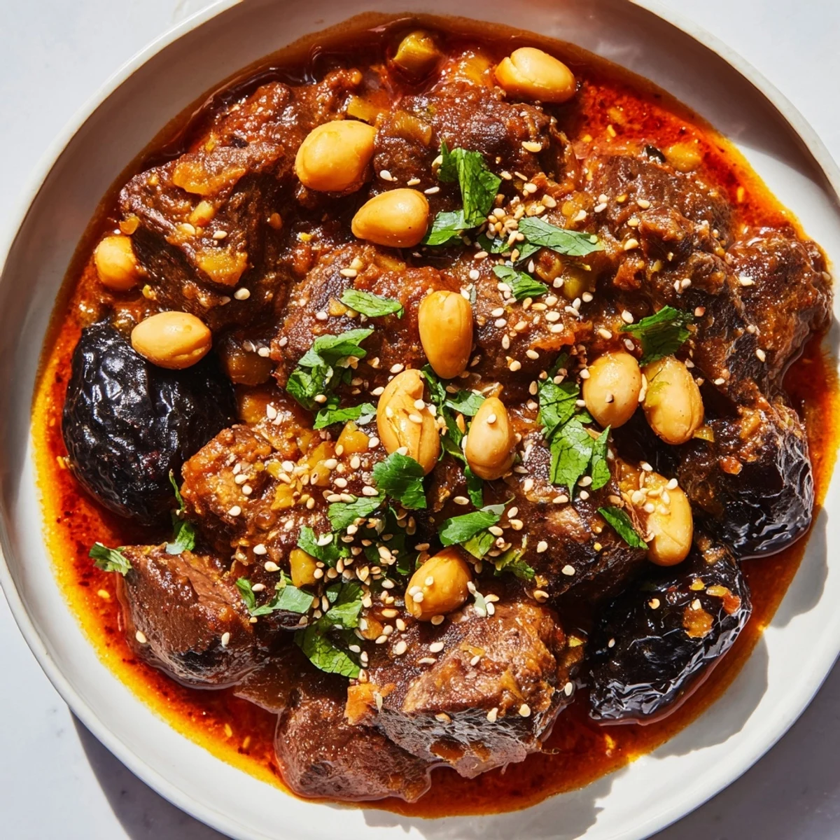 Golden-brown Moroccan Lamb Tagine, simmered in a rich sauce, studded with sweet prunes and almonds.
