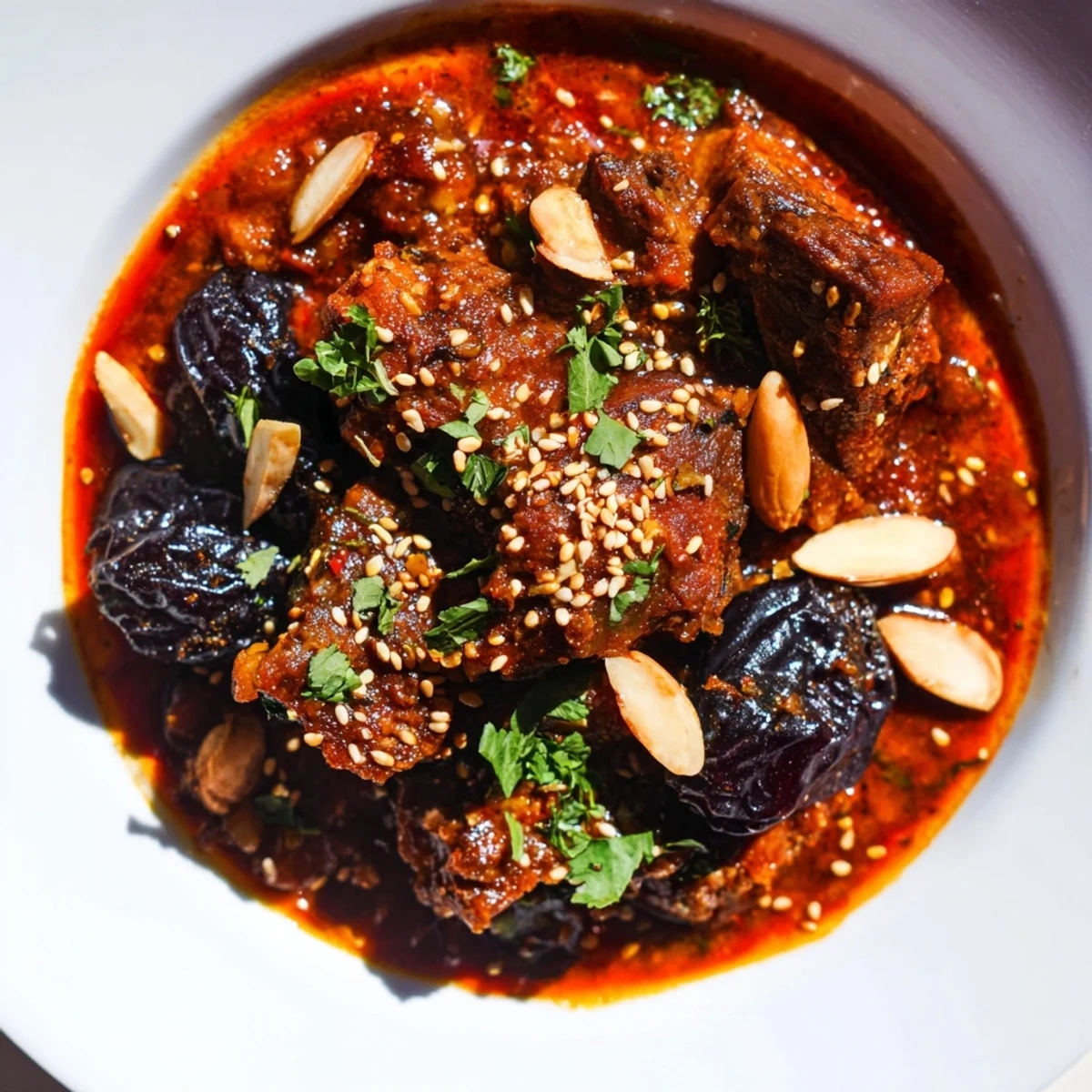 Aromatic Moroccan Lamb Tagine, served in a bowl, its tender lamb mingling with prunes and toasted almonds.
