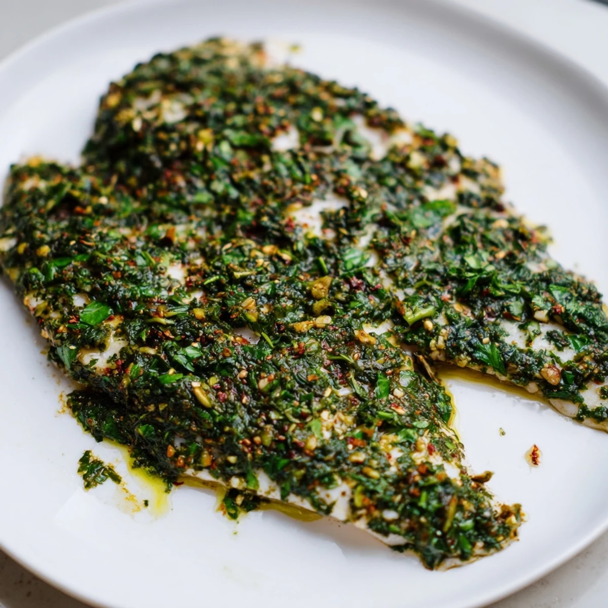 Freshly mixed Moroccan Chermoula Marinade, showcasing a rich green color and zesty lemon aroma, perfect for seafood.