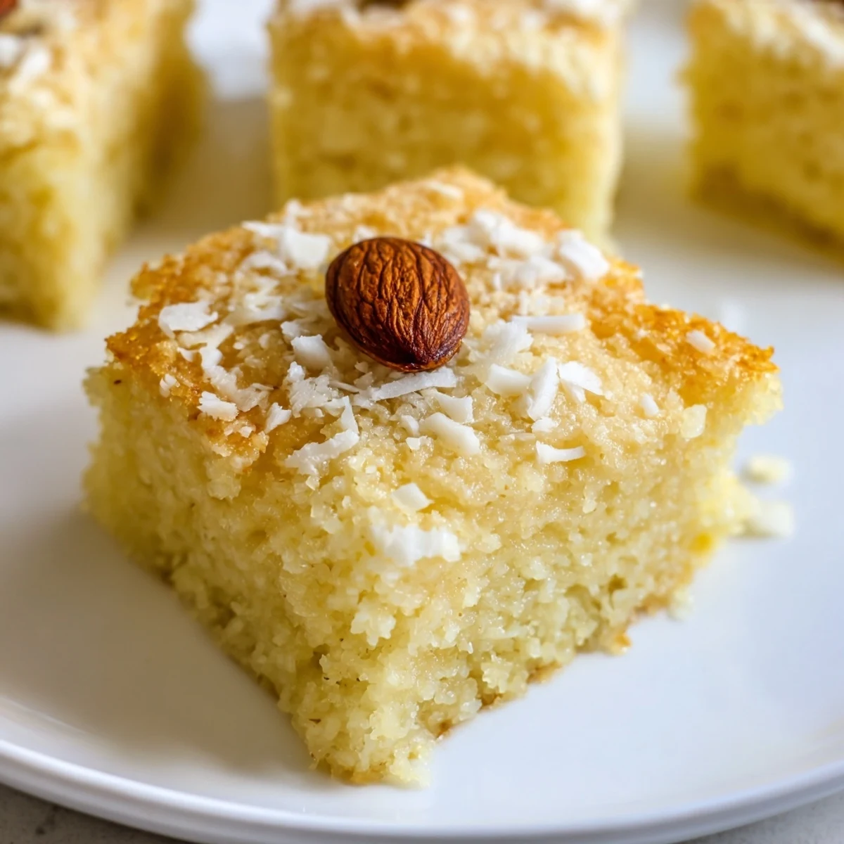 Golden-brown Basbousa cake, topped with almonds, sits drenched in syrupy sweetness, ready to be enjoyed.