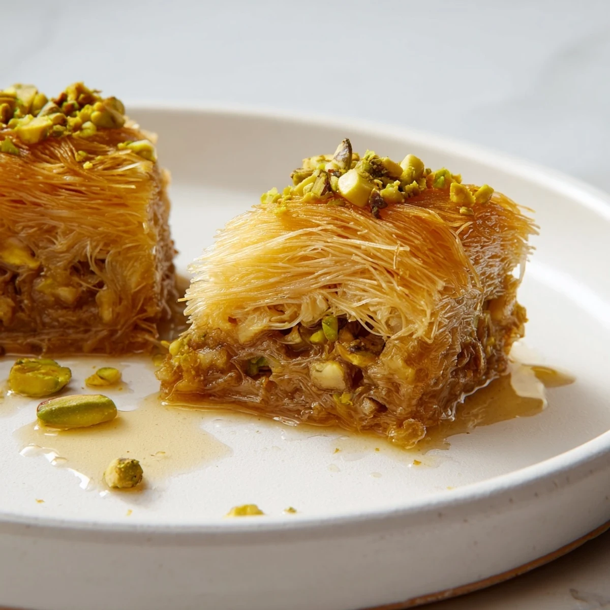 Golden-brown Egyptian Konafa, a sweet Middle Eastern dessert, ready to be drizzled with syrup.