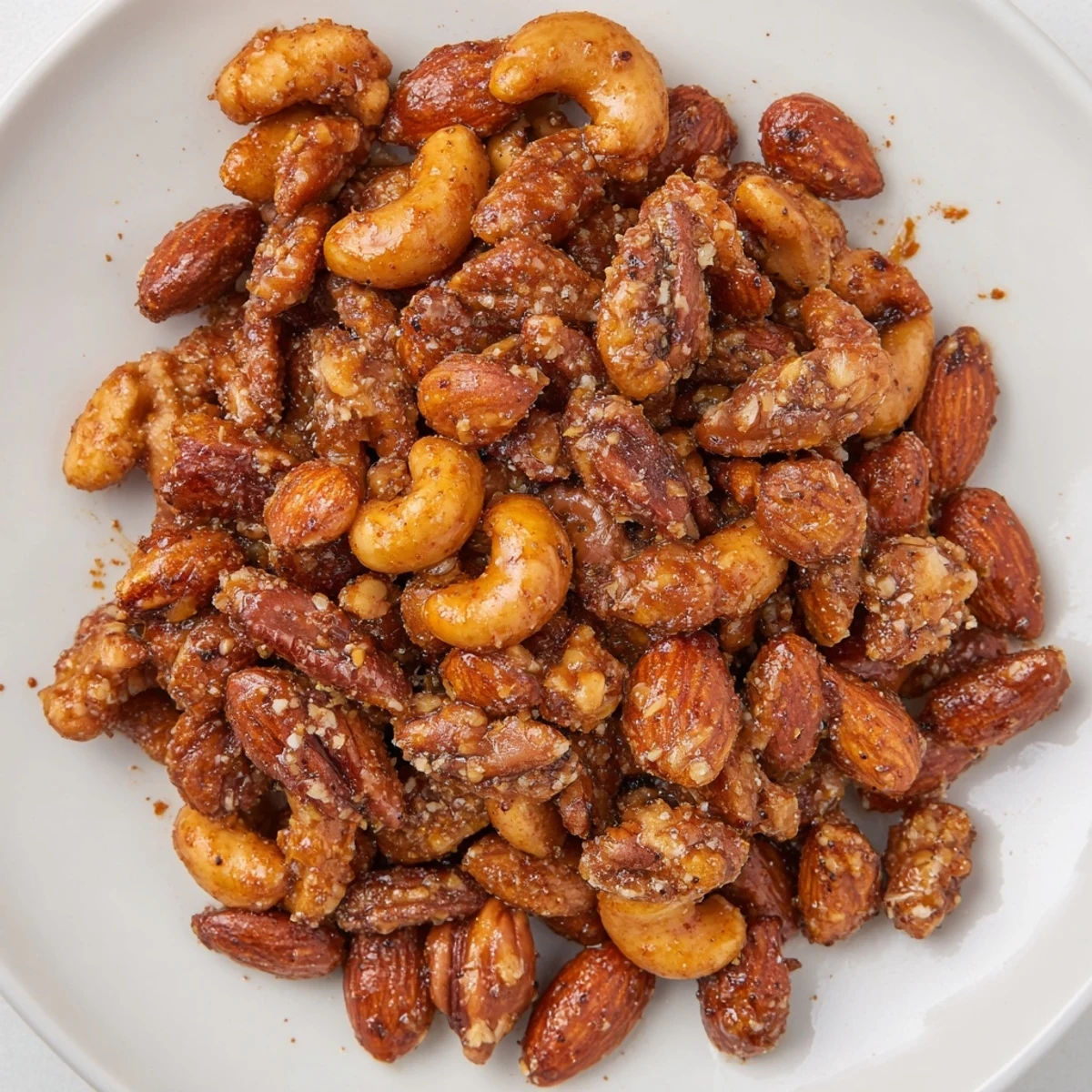 A bowl of golden Spiced Nuts Mix glistens with a sweet and savory honey glaze, ready for snacking.