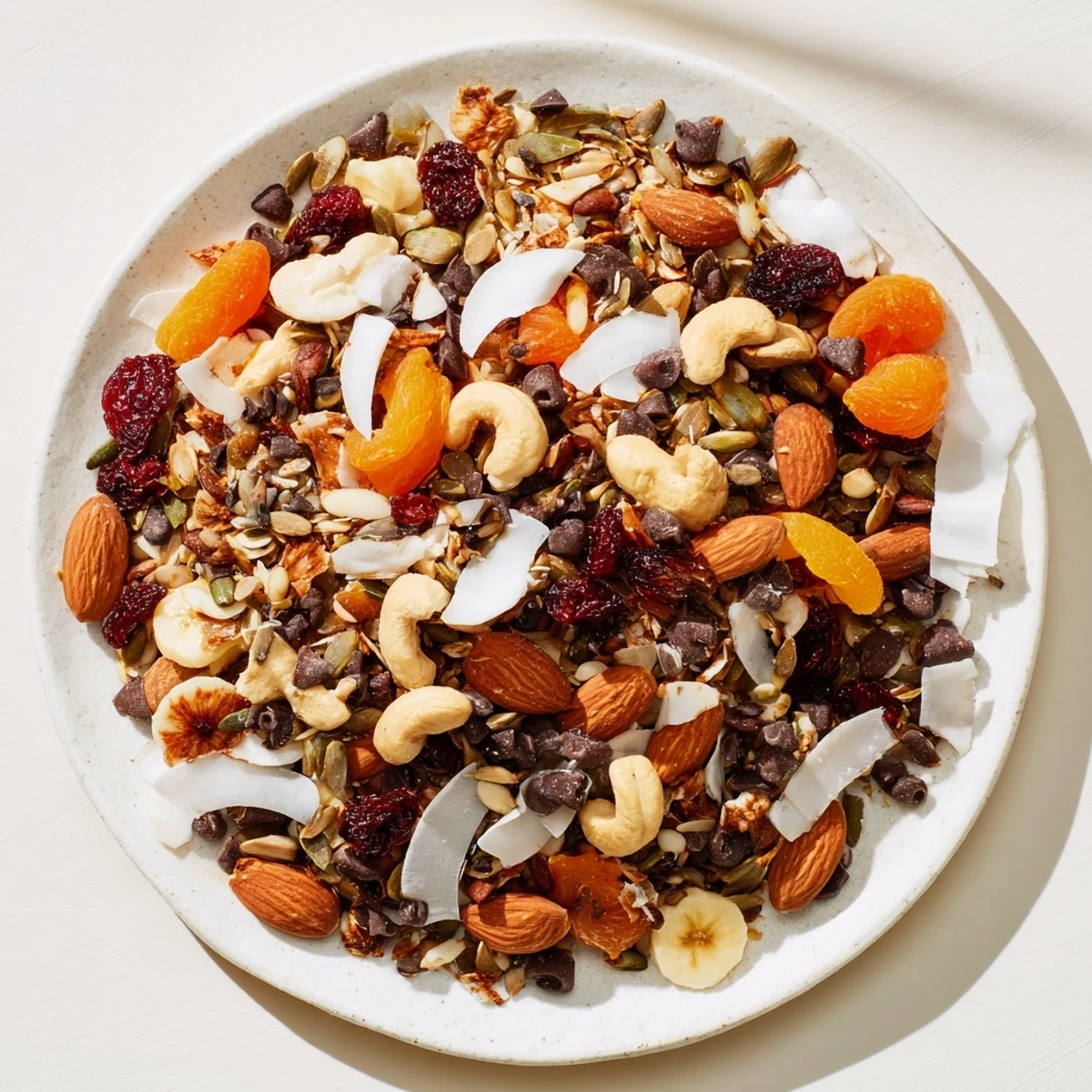 A close-up of the Trail Mix Custom snack in a clear glass jar, showcasing almonds, cashews, and dark chocolate chips.