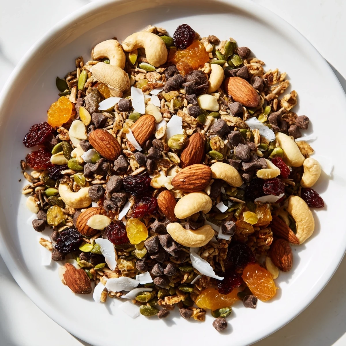 A generous bowl of Trail Mix Custom ready for snacking, featuring colorful dried fruits and crunchy seeds.