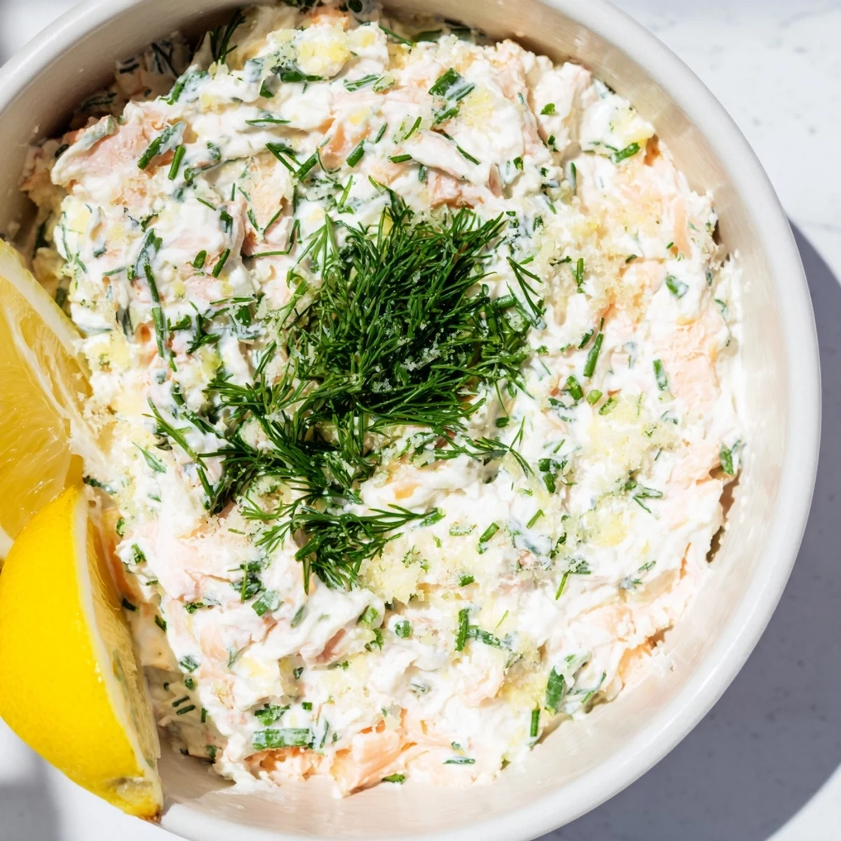 A smooth, pale pink smoked salmon dip with lemon zest, ready to serve with vibrant vegetable crudités.