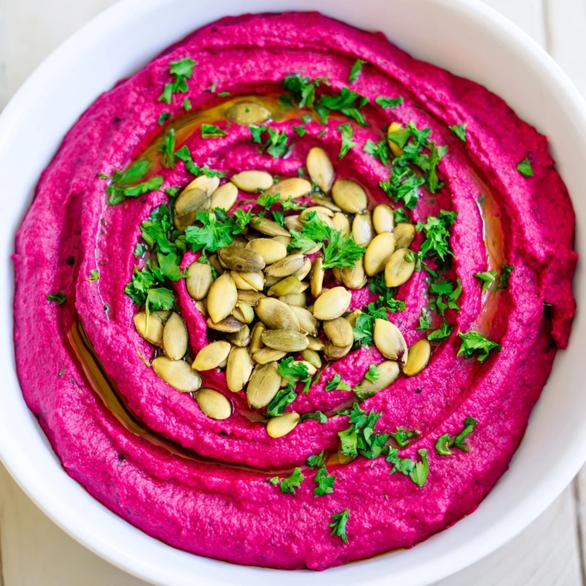 Bright pink beet hummus in a rustic white bowl garnished with olive oil and fresh parsley.  