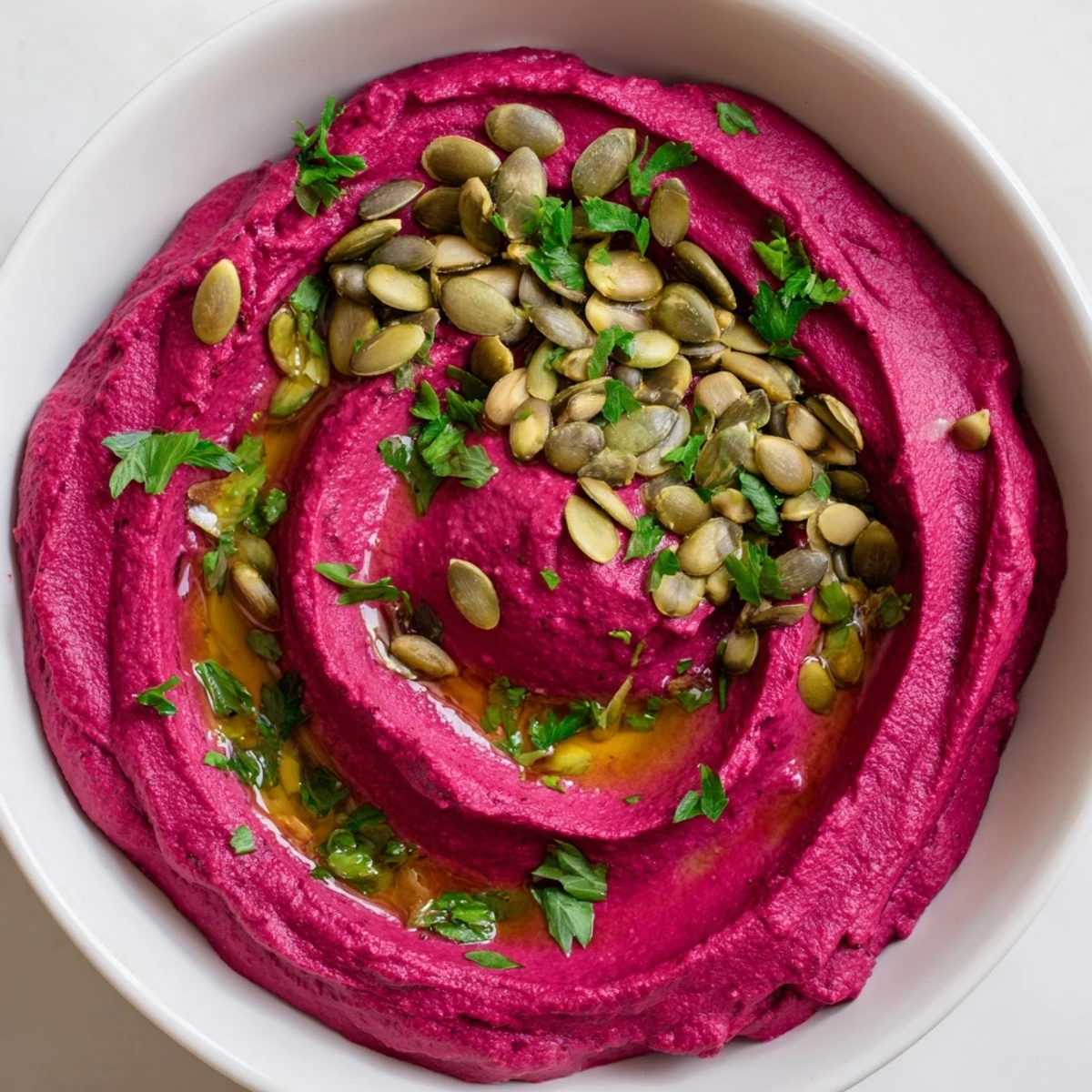 Creamy roasted beet hummus topped with toasted pumpkin seeds and herbs on a wood table.  