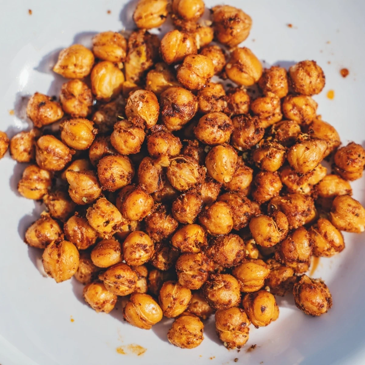 Golden brown crispy chickpea snack fresh from the oven, tossed with smoky paprika and sea salt.  
