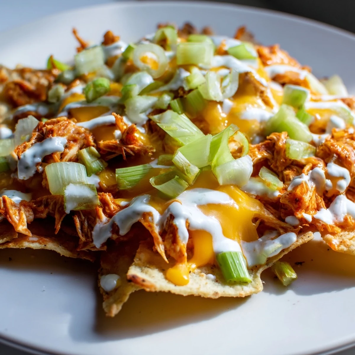 Freshly baked Buffalo Chicken Nachos topped with vibrant green onions, diced celery, and cilantro, served hot for a perfect game-day appetizer.