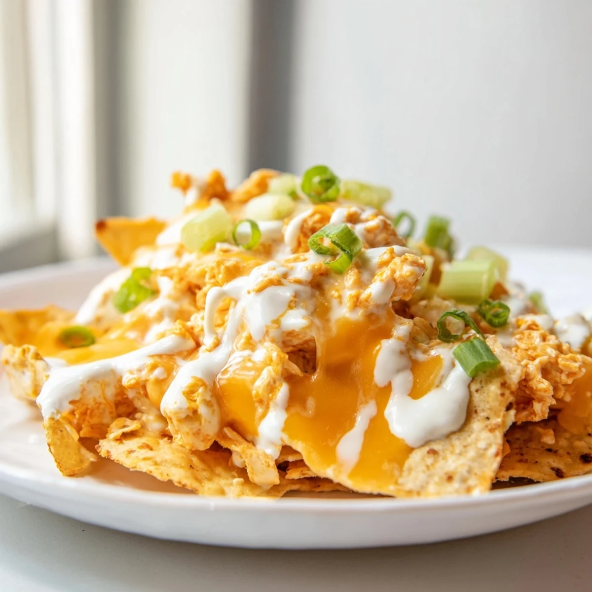 Golden Buffalo Chicken Nachos with melted cheddar and Monterey Jack cheese bubbling over crispy tortilla chips, finished with a cool ranch drizzle.