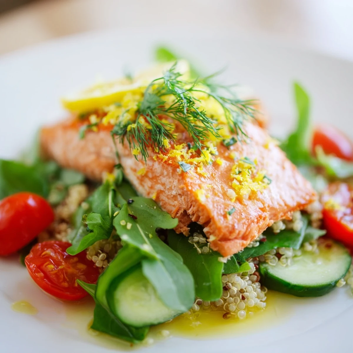 Flaky baked Lemon Herb Salmon Salad with quinoa and fresh herbs on a white plate.