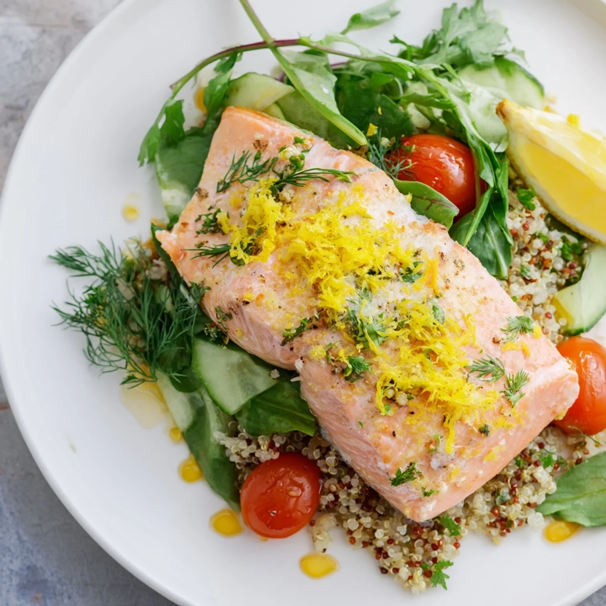 A vibrant Lemon Herb Salmon Salad with cherry tomatoes, cucumber, and herbs for a healthy dinner.