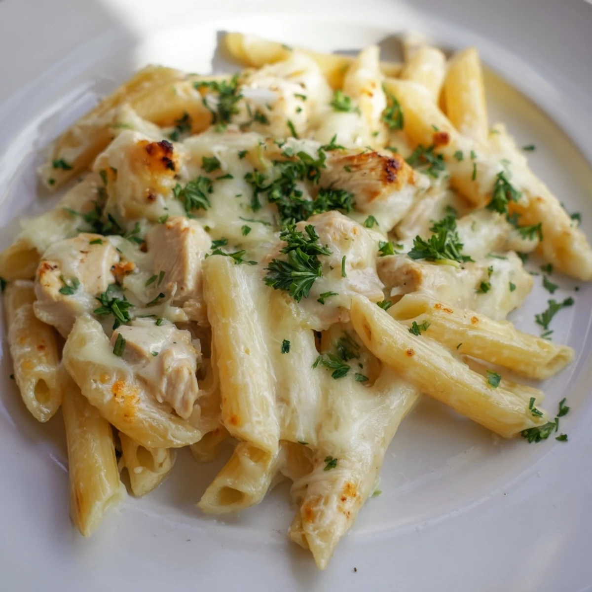 Golden, bubbly mozzarella tops the Chicken Alfredo Casserole, with creamy sauce and tender pasta peeking through.