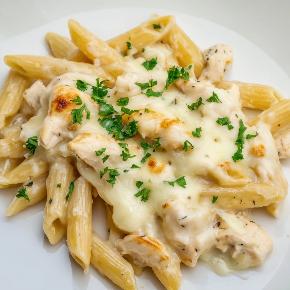 Fresh parsley garnishes the Chicken Alfredo Casserole, baked until golden and served in a white dish.