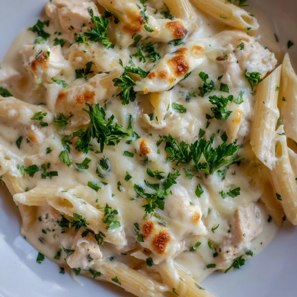 Steaming Chicken Alfredo Casserole reveals gooey cheese, creamy Alfredo, and succulent chicken in a baked pasta dish.