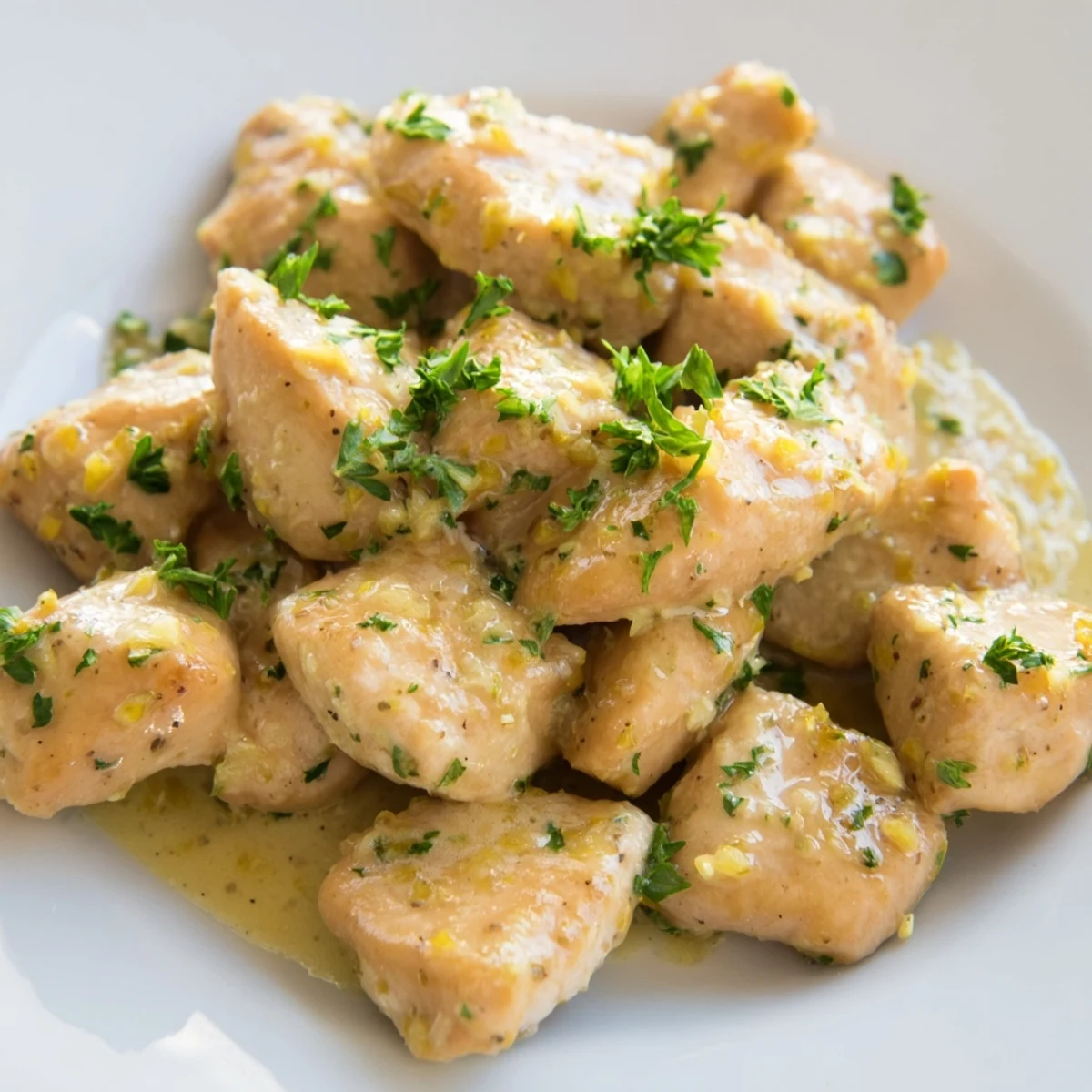 Sizzling Creamy Garlic Chicken Bites fresh from the skillet, featuring a velvety garlic cream sauce and a sprinkle of chopped parsley for garnish.