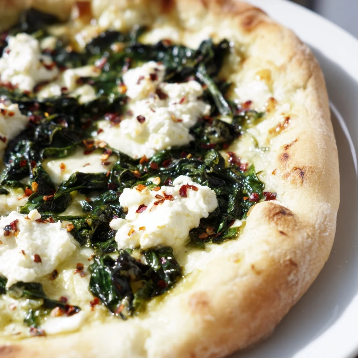 Fresh-baked spinach ricotta pizza with golden, bubbling cheese and vibrant green spinach on a thin crust, served on a rustic wooden board.  