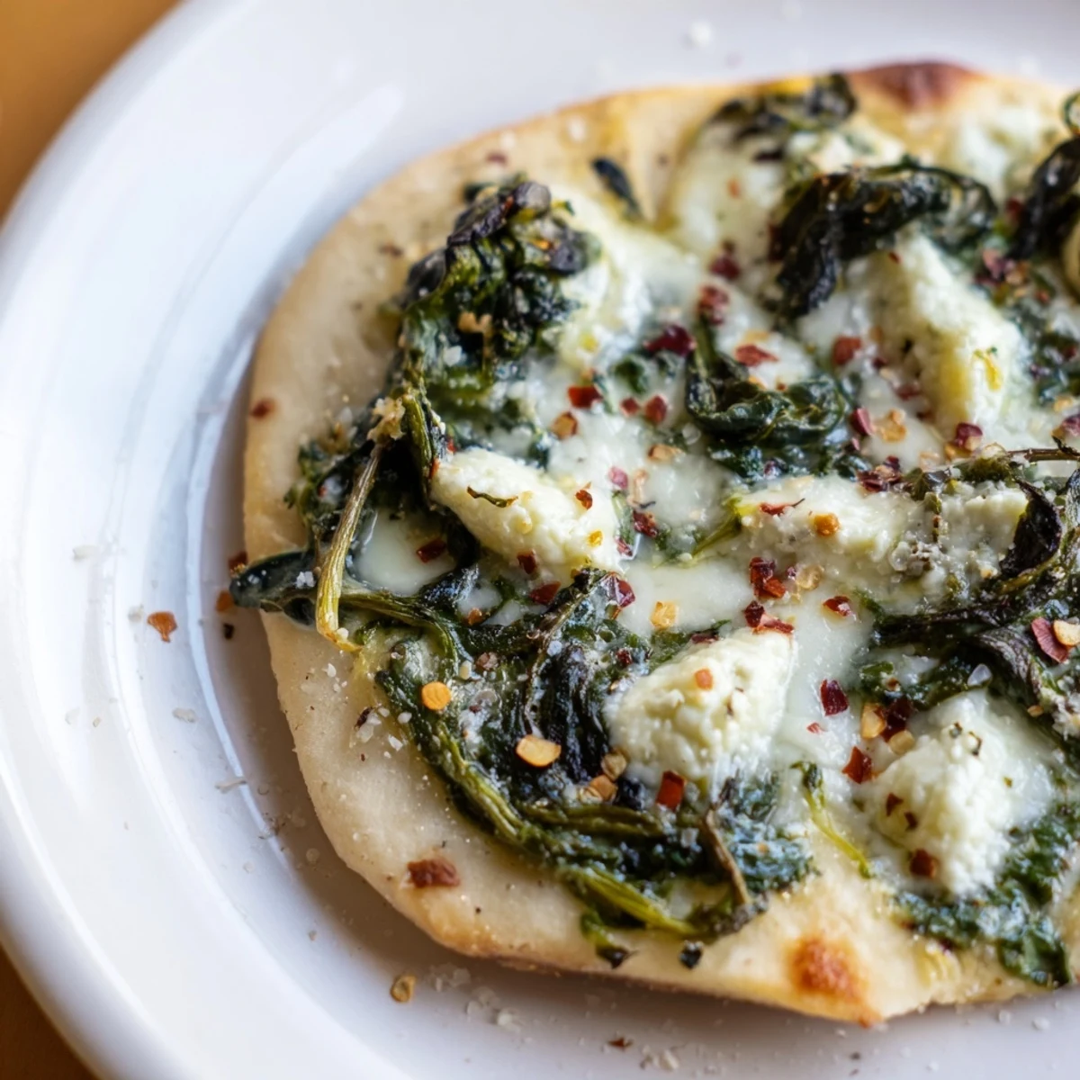 A close-up of creamy spinach ricotta pizza topped with sautéed spinach, garlic butter, and melted mozzarella on a golden crust.  