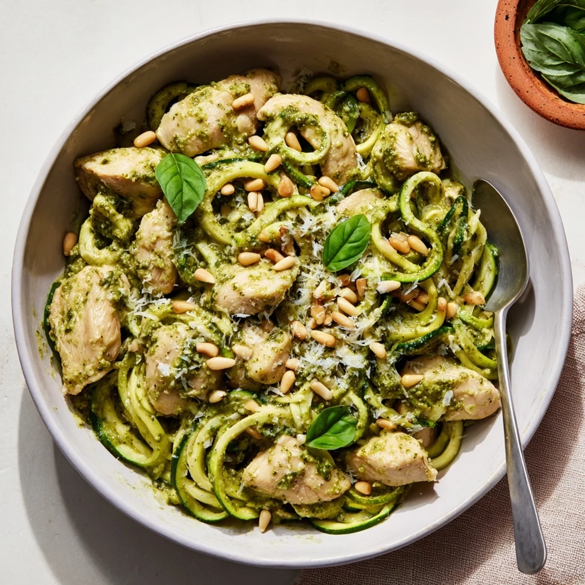Tender sautéed chicken and crisp zucchini noodles tossed in vibrant basil pesto, served in a colorful bowl.
