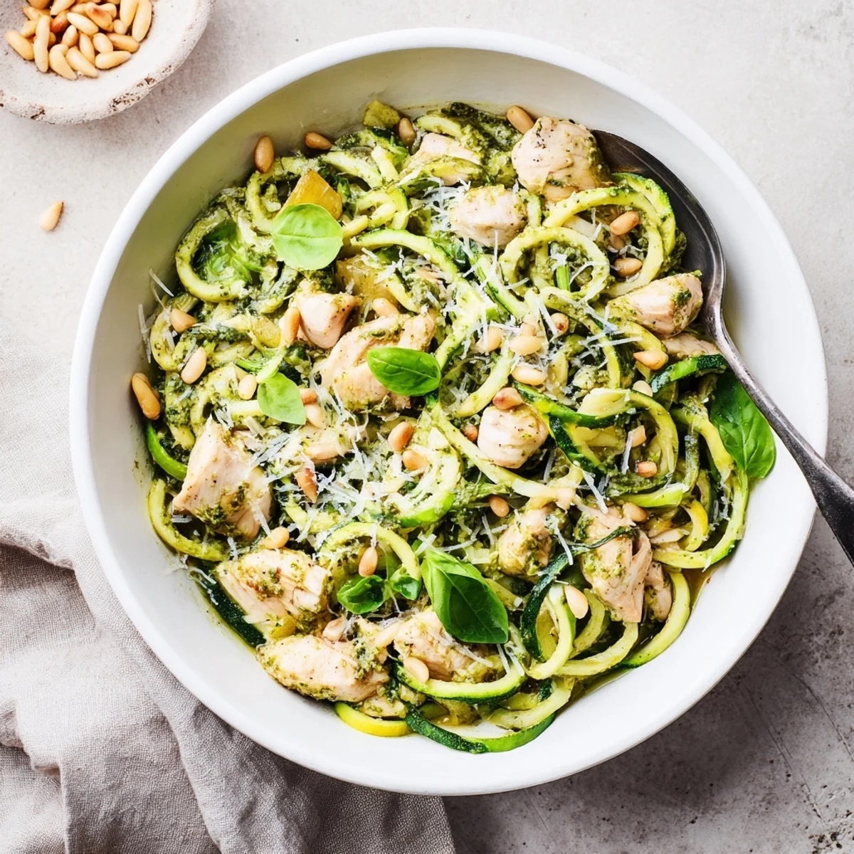 A close-up of pesto zucchini chicken bowl garnished with pine nuts, Parmesan, and fresh basil leaves.