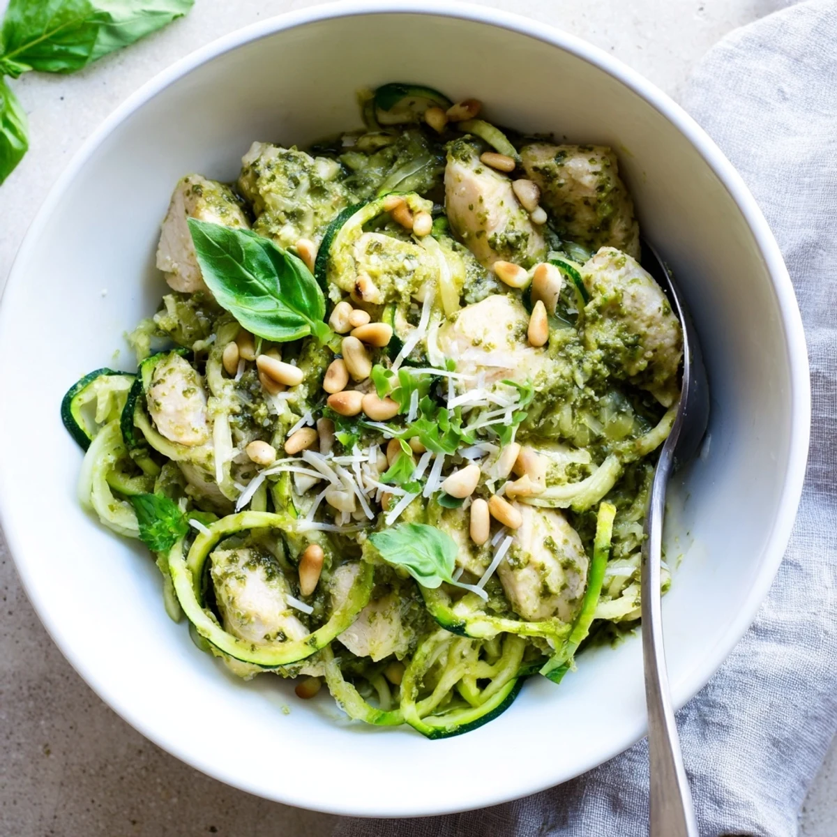 Light summery pesto zucchini chicken bowl with lemony chicken and zucchini noodles, perfect for a healthy dinner.