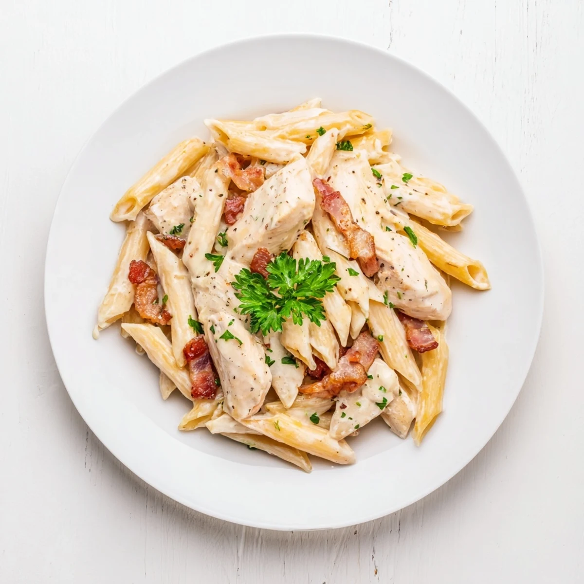 Creamy Chicken Bacon Penne twirled on a fork, showcasing smoky bacon bits and tender chicken in a garlic-Parmesan cream sauce.