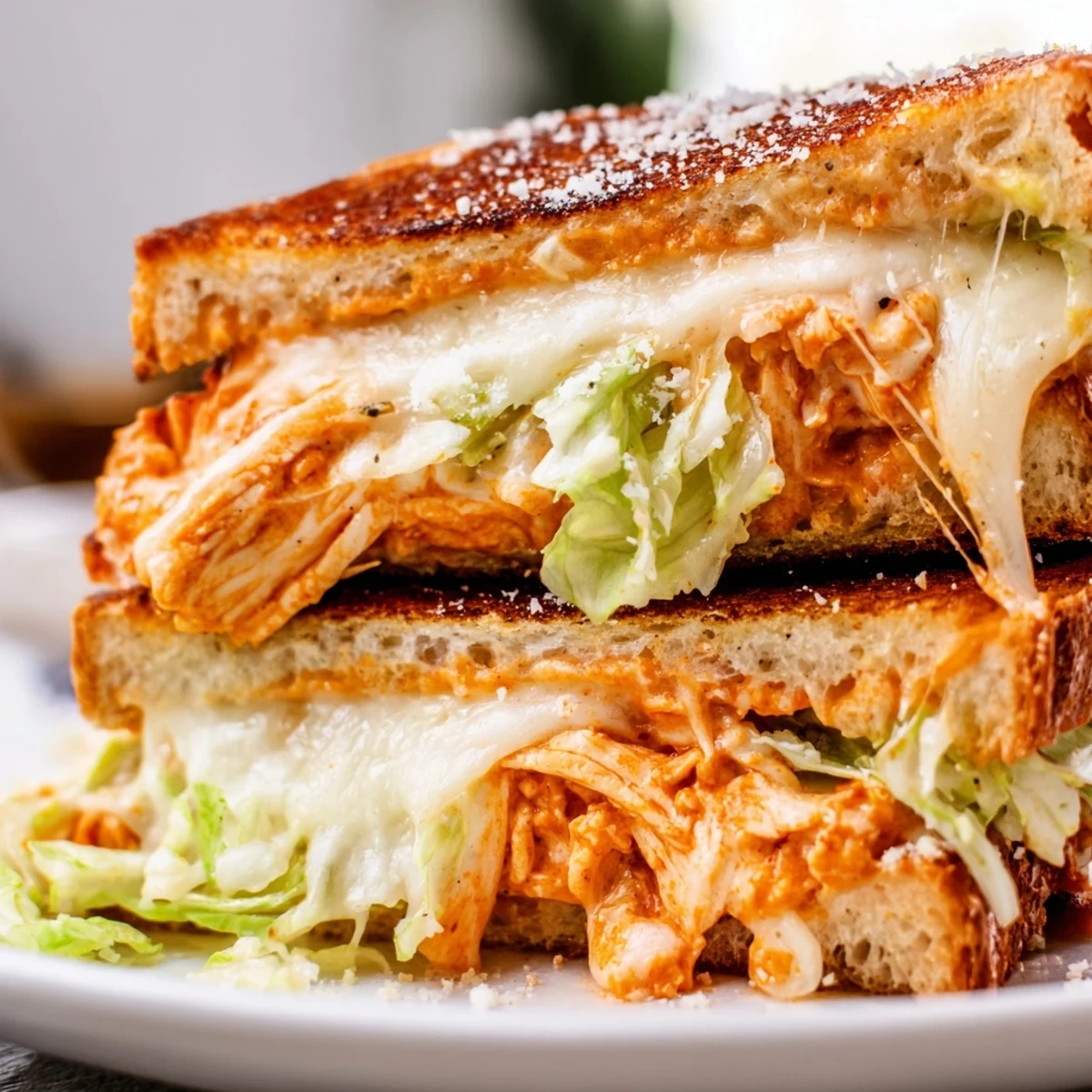 Serve this Buffalo Chicken Caesar Grilled Cheese sliced in half, revealing a savory filling perfect for a quick weeknight dinner.