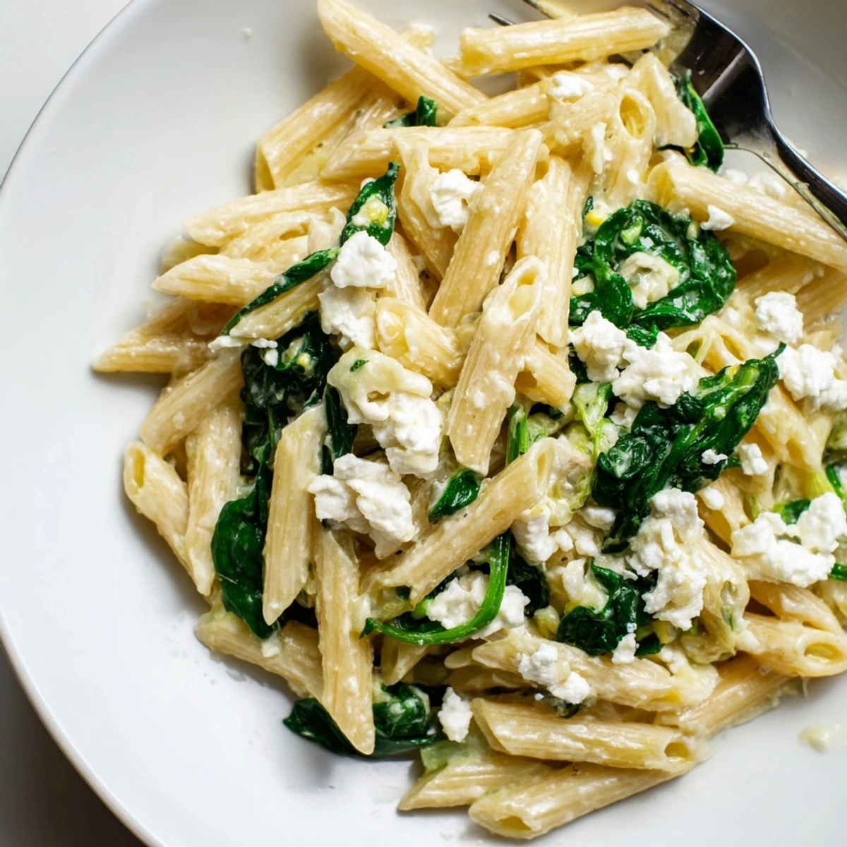 A close-up of Creamy Feta Spinach Pasta on a white plate, with wilted greens and crumbled cheese in a glossy sauce.