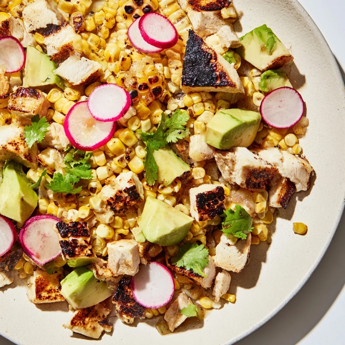 Colorful Roasted Corn & Chicken Chopped Salad featuring juicy grilled chicken, golden charred corn, diced avocado, and cherry tomatoes with lime dressing.  