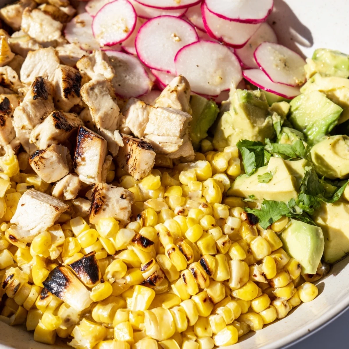 Freshly tossed Roasted Corn & Chicken Chopped Salad with tender chicken, smoky grilled corn, crisp radishes, and creamy avocado, ready to serve.
