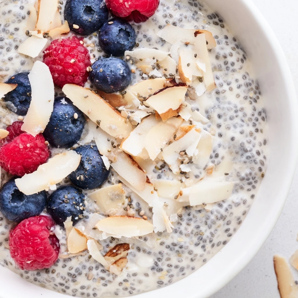 A close-up of creamy poppy seed chia pudding in a glass jar, topped with fresh blueberries, raspberries, and toasted sliced almonds.