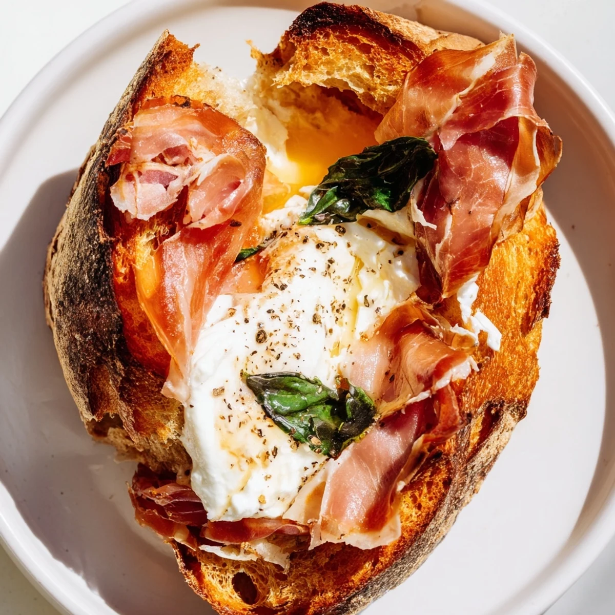 Close-up of crispy prosciutto and creamy burrata nestled inside golden sourdough grilled cheese slices.  